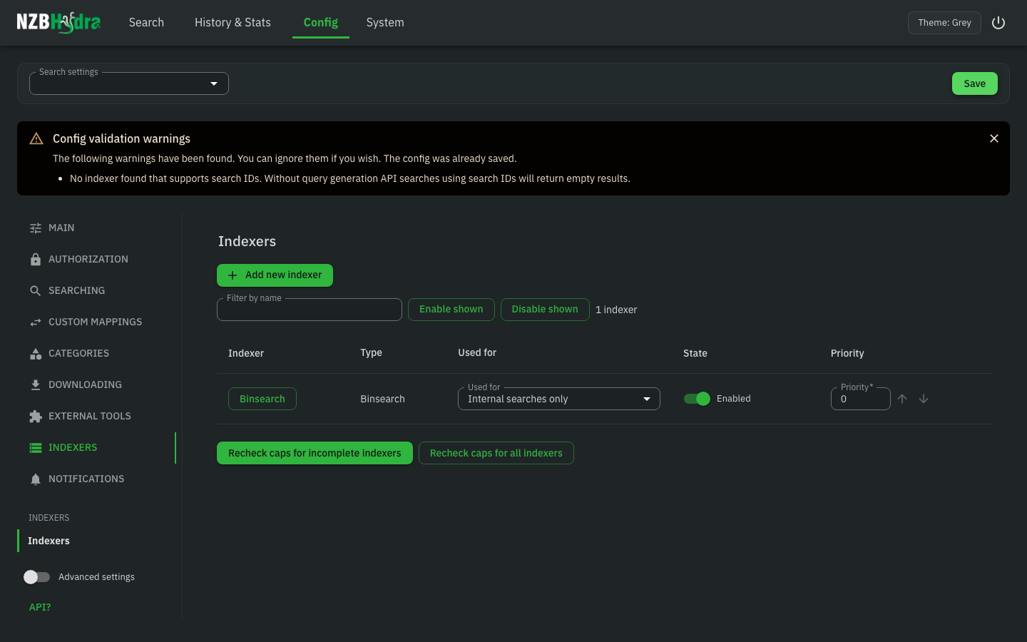 NZBHydra2 indexer configuration with a saved indexer