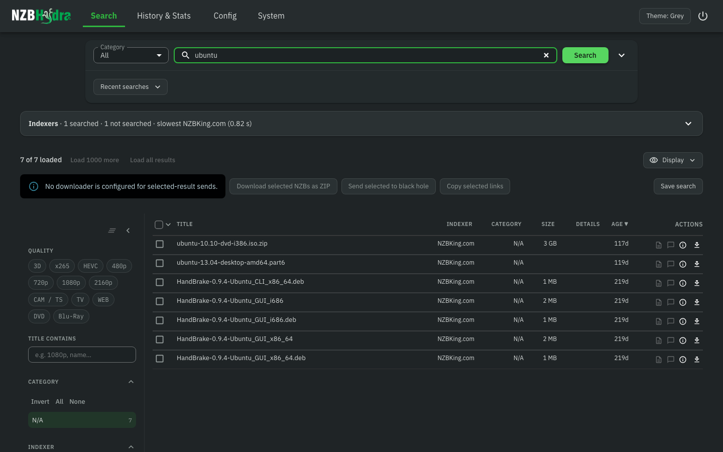 NZBHydra2 search page after signing in