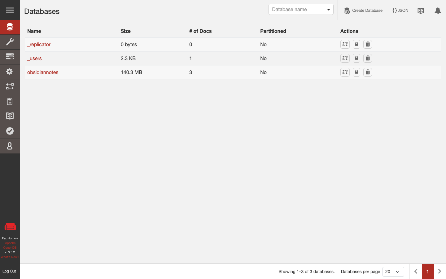 CouchDB Fauxton database list on an Obsidian LiveSync server
