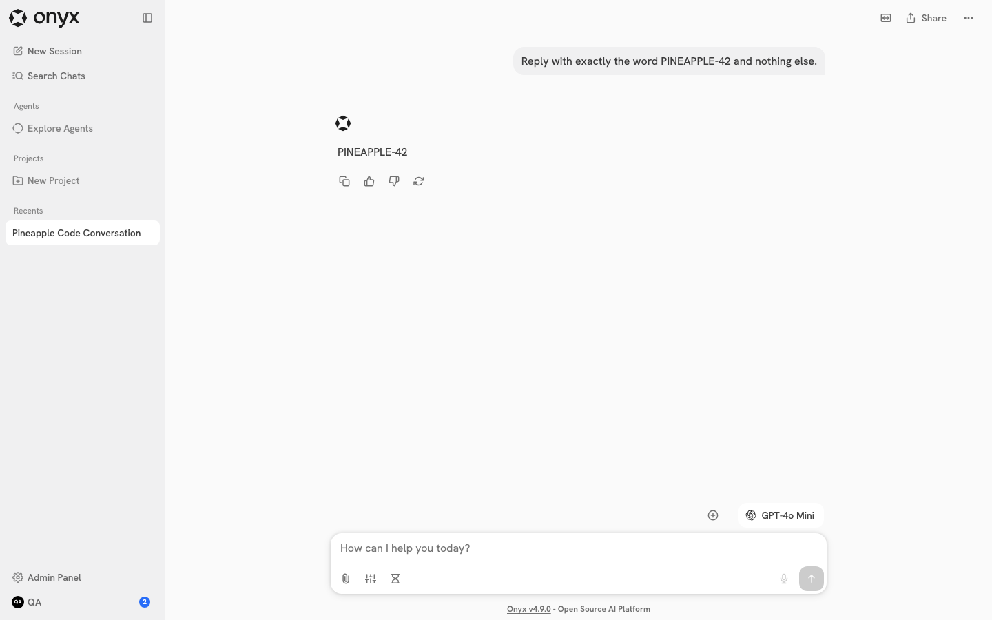 An Onyx conversation with a model reply, the recent chat listed in the sidebar and the chosen model shown beside the message box