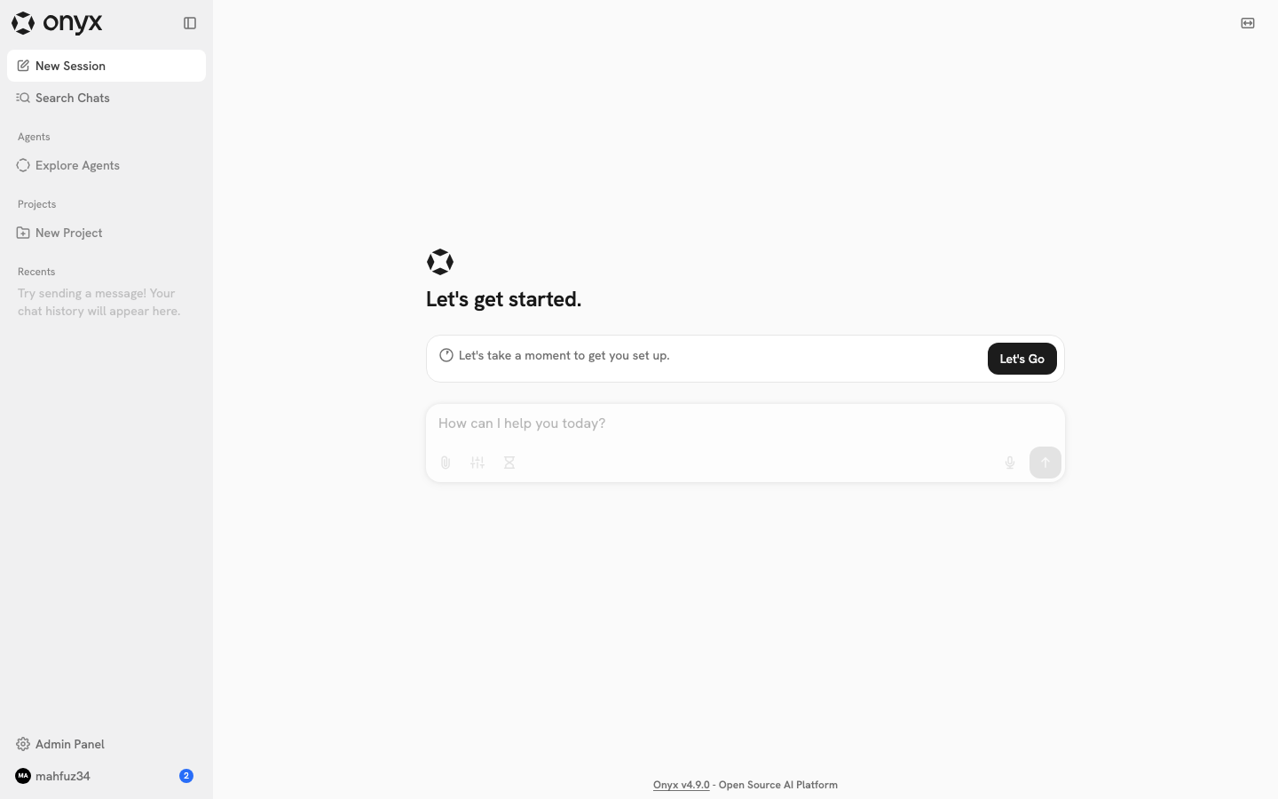 Onyx's signed-in workspace with the sidebar showing New Session, Search Chats, Explore Agents and Projects, and the message box ready for a first chat
