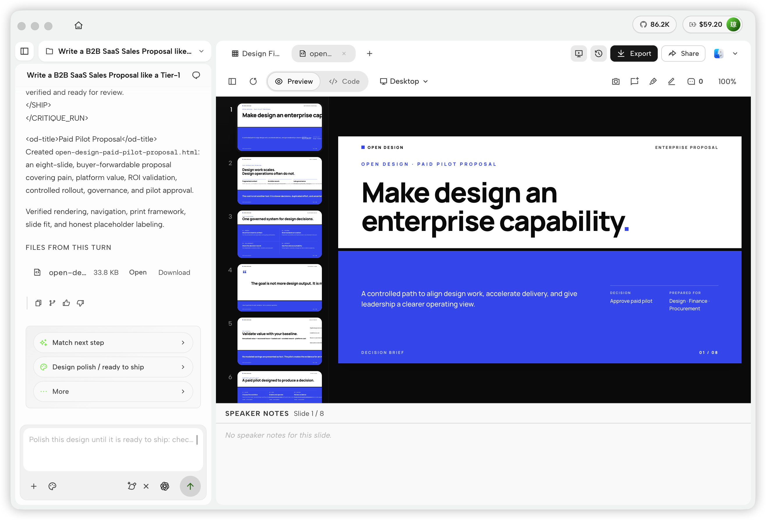 A multi-slide deck with slide thumbnails previewed in the Open Design Studio