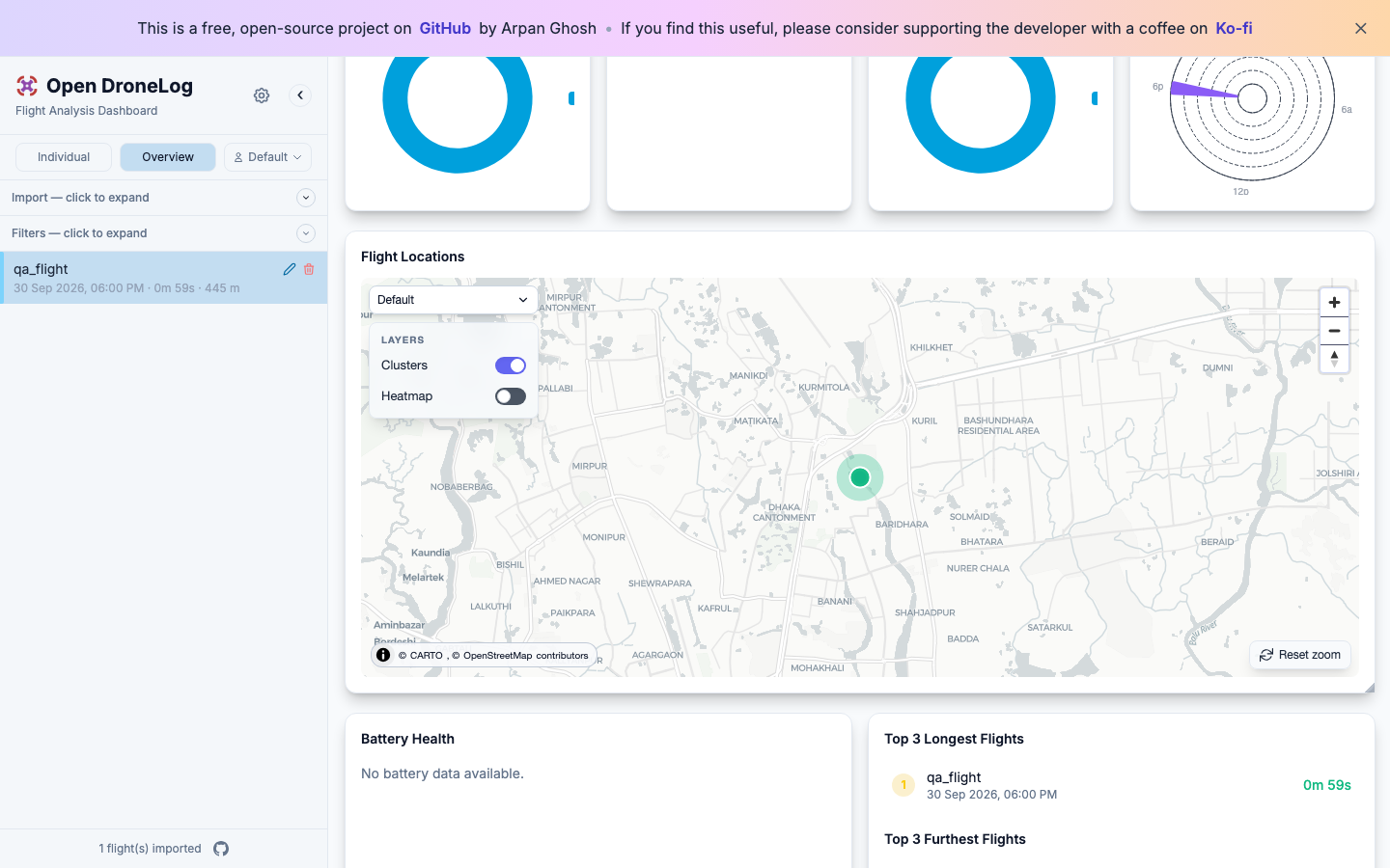 Open Dronelog flight detail view with map and telemetry for one flight