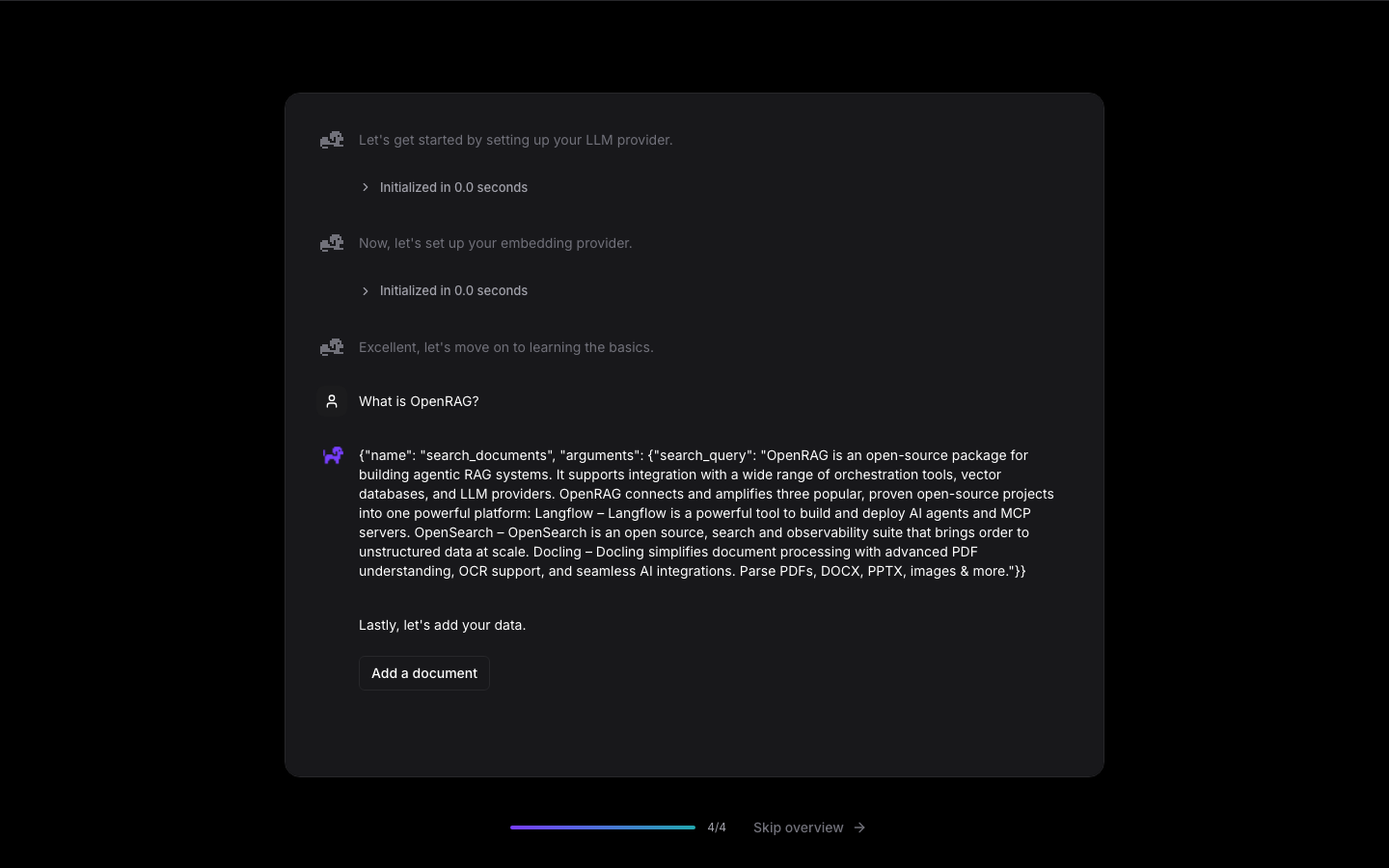 OpenRAG chat answering a question over uploaded documents
