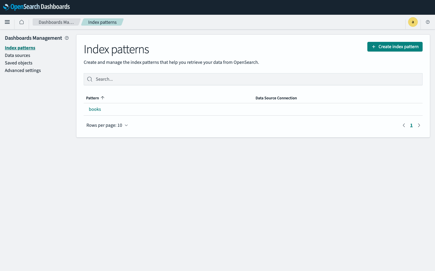 OpenSearch Dashboards index patterns list still showing the books pattern after a restart