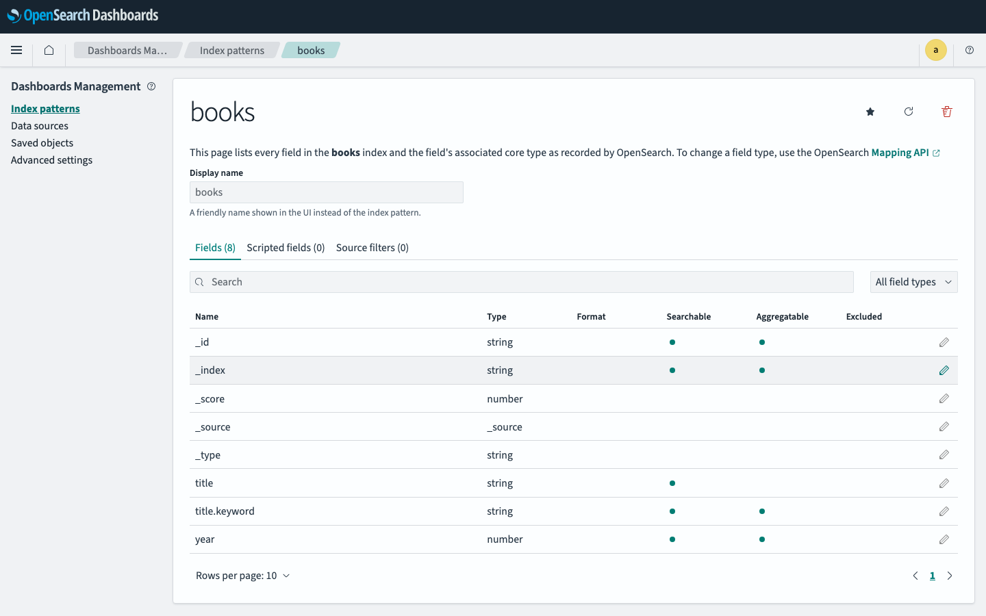 OpenSearch Dashboards showing the fields of a books index pattern