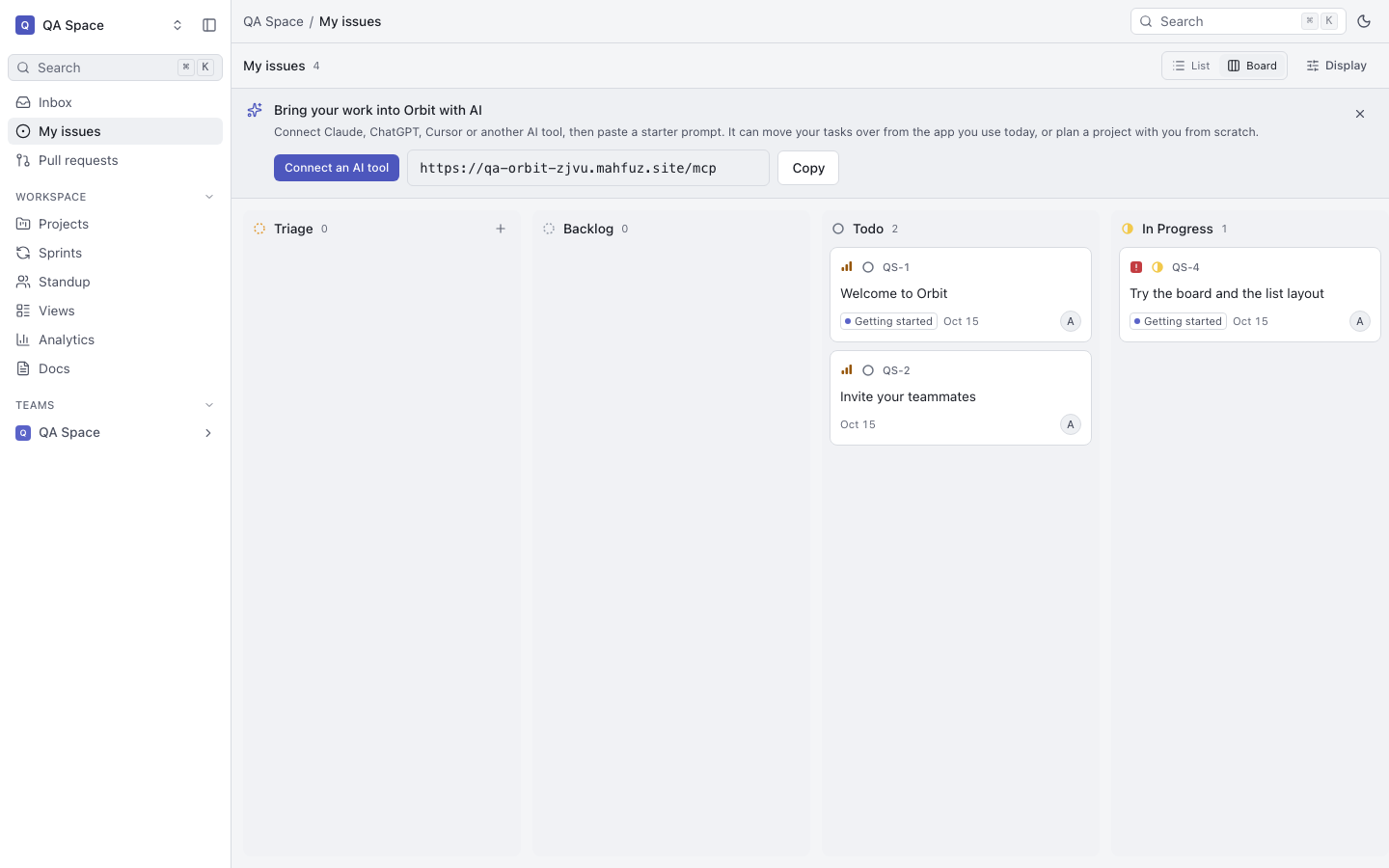 The Orbit workspace after onboarding