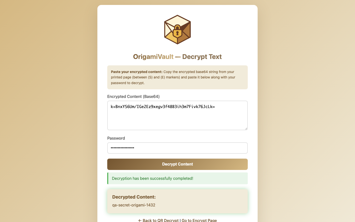 OrigamiVault decrypt page showing the recovered secret