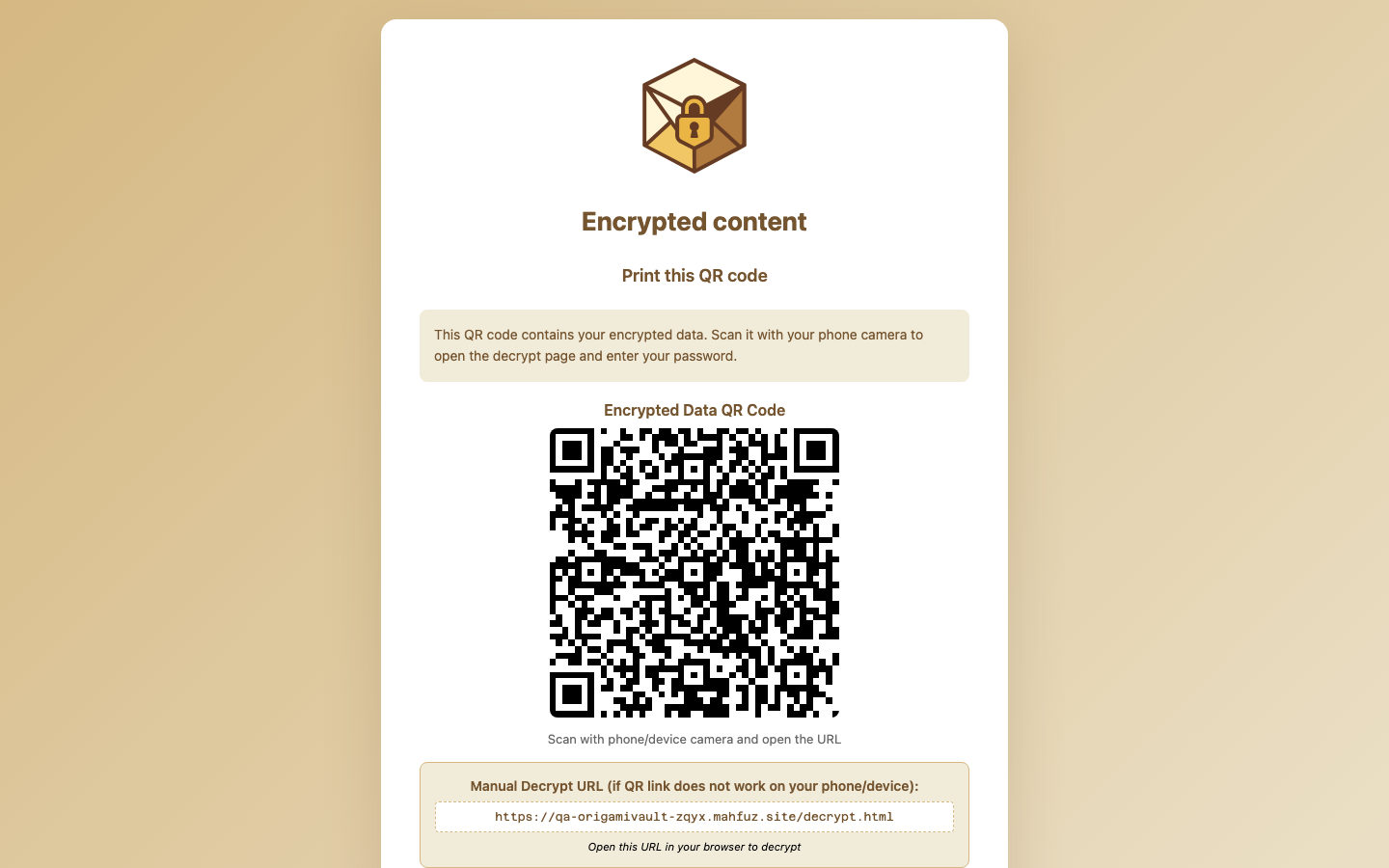 OrigamiVault showing an encrypted secret as a printable QR code