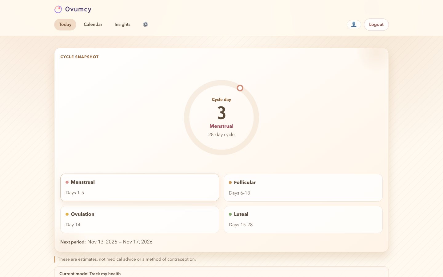 The Ovumcy dashboard after sign-in