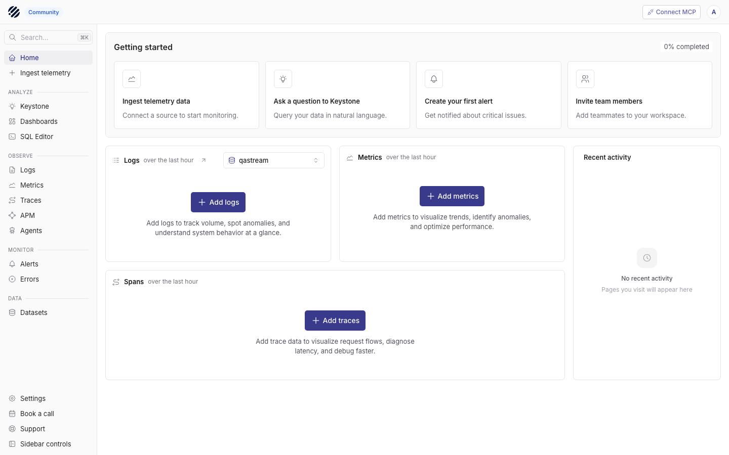 The Parseable console after signing in as admin
