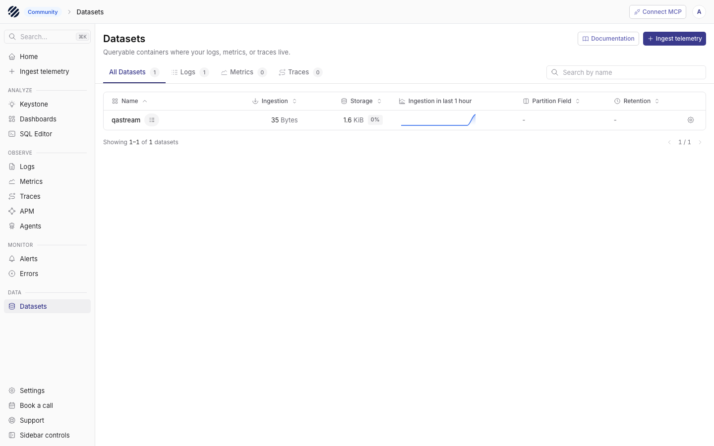 The Parseable Datasets view still listing the dataset after an xCloud Restart