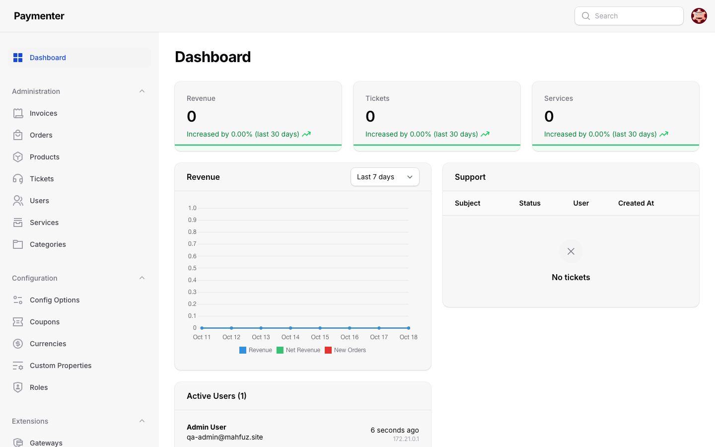 Paymenter's administration dashboard after sign-in, showing revenue, tickets and services panels and the Administration menu with invoices, orders, products, tickets, users, services and categories