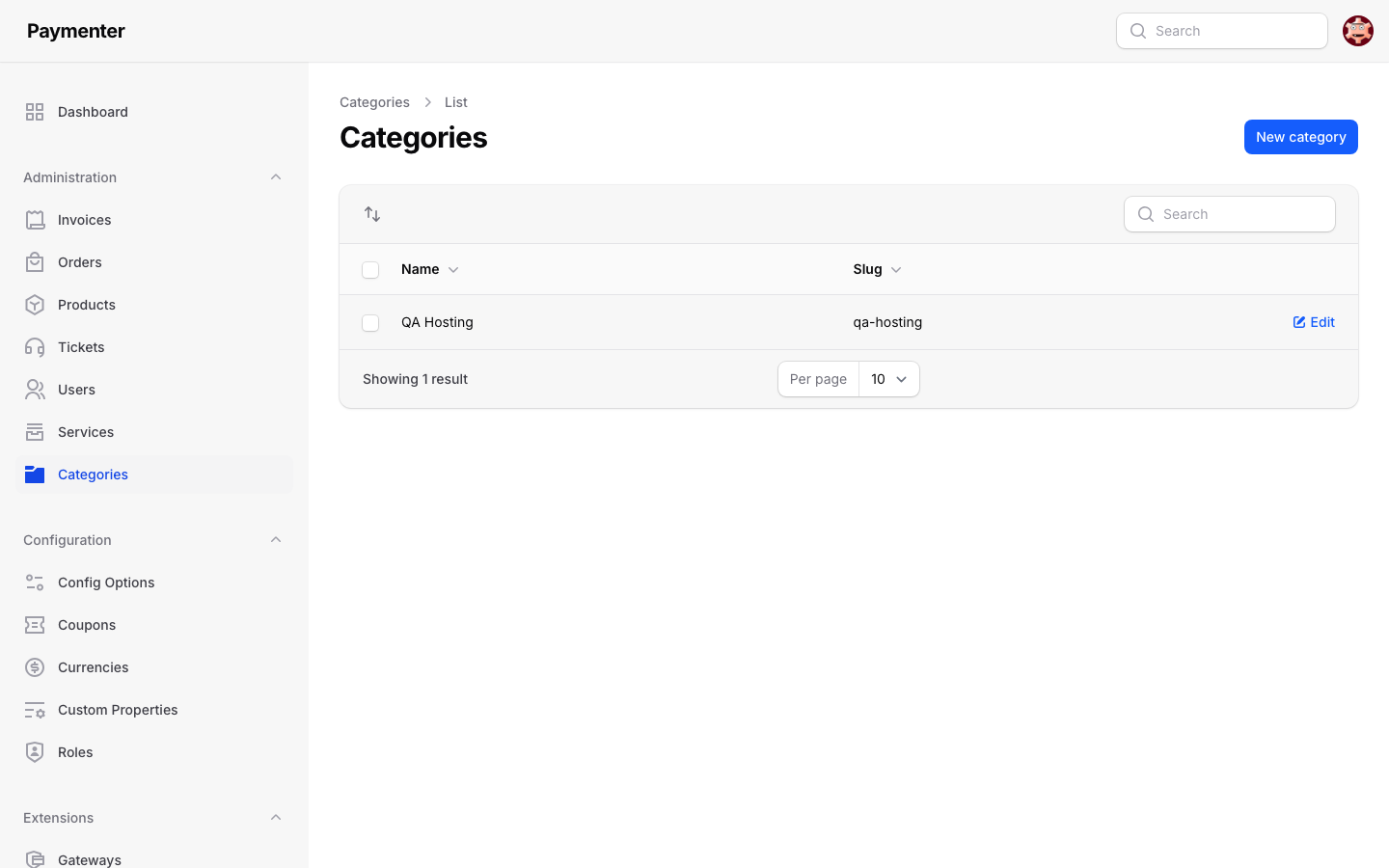 Paymenter's Categories list in the admin area showing a newly created category with its slug