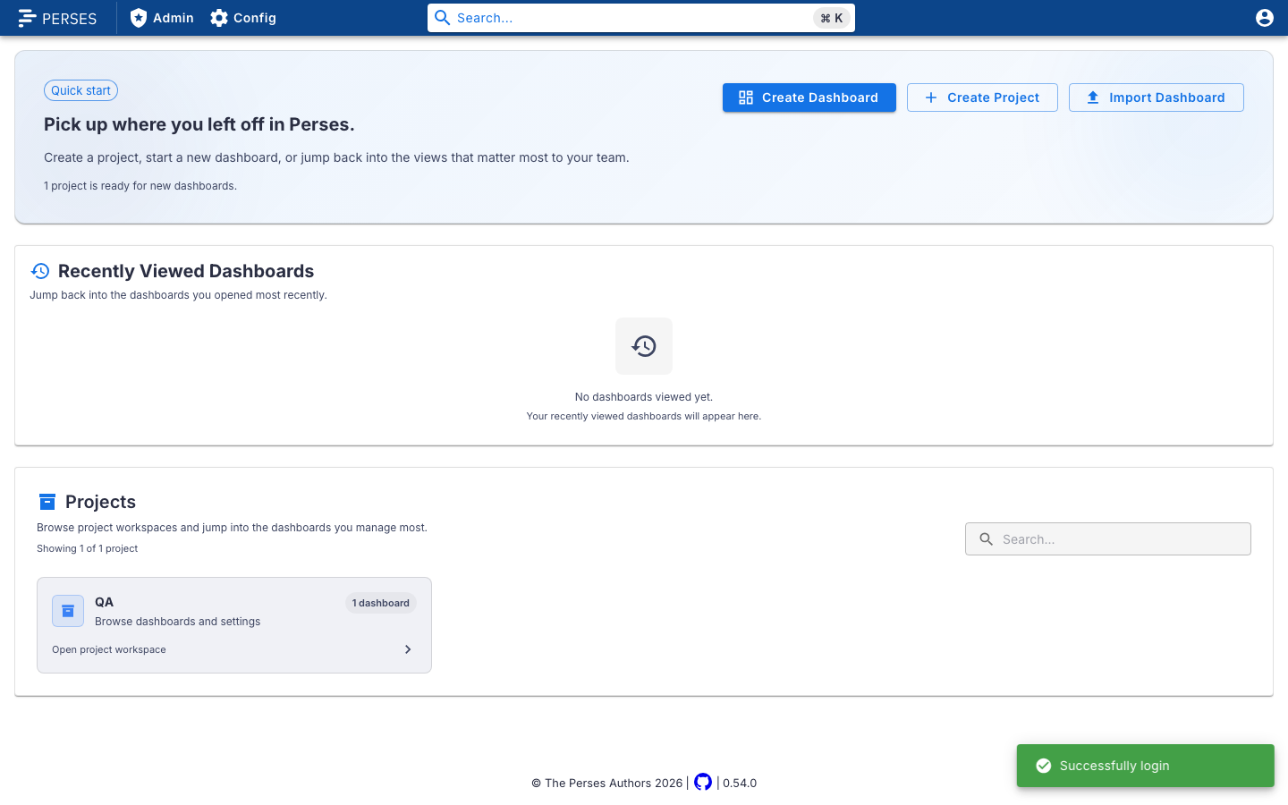 Perses home page after sign-in