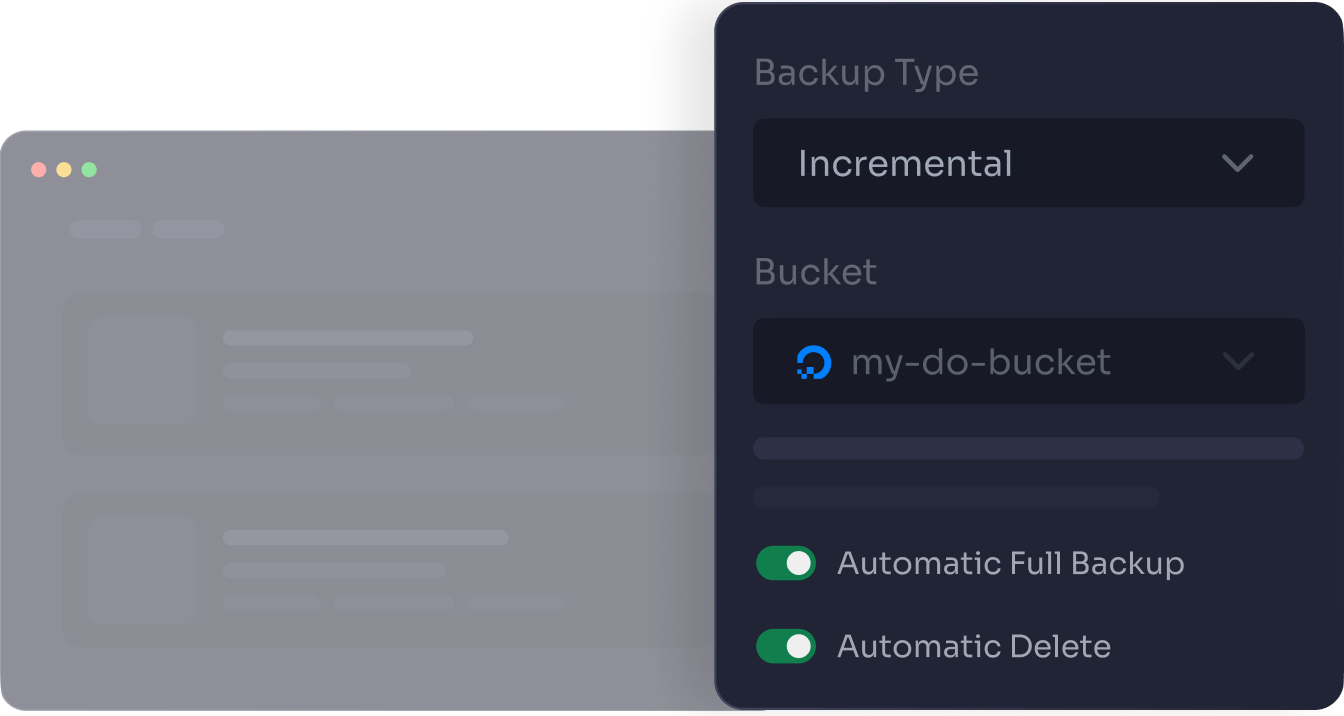 Backup settings showing an incremental type, a storage bucket and auto-delete