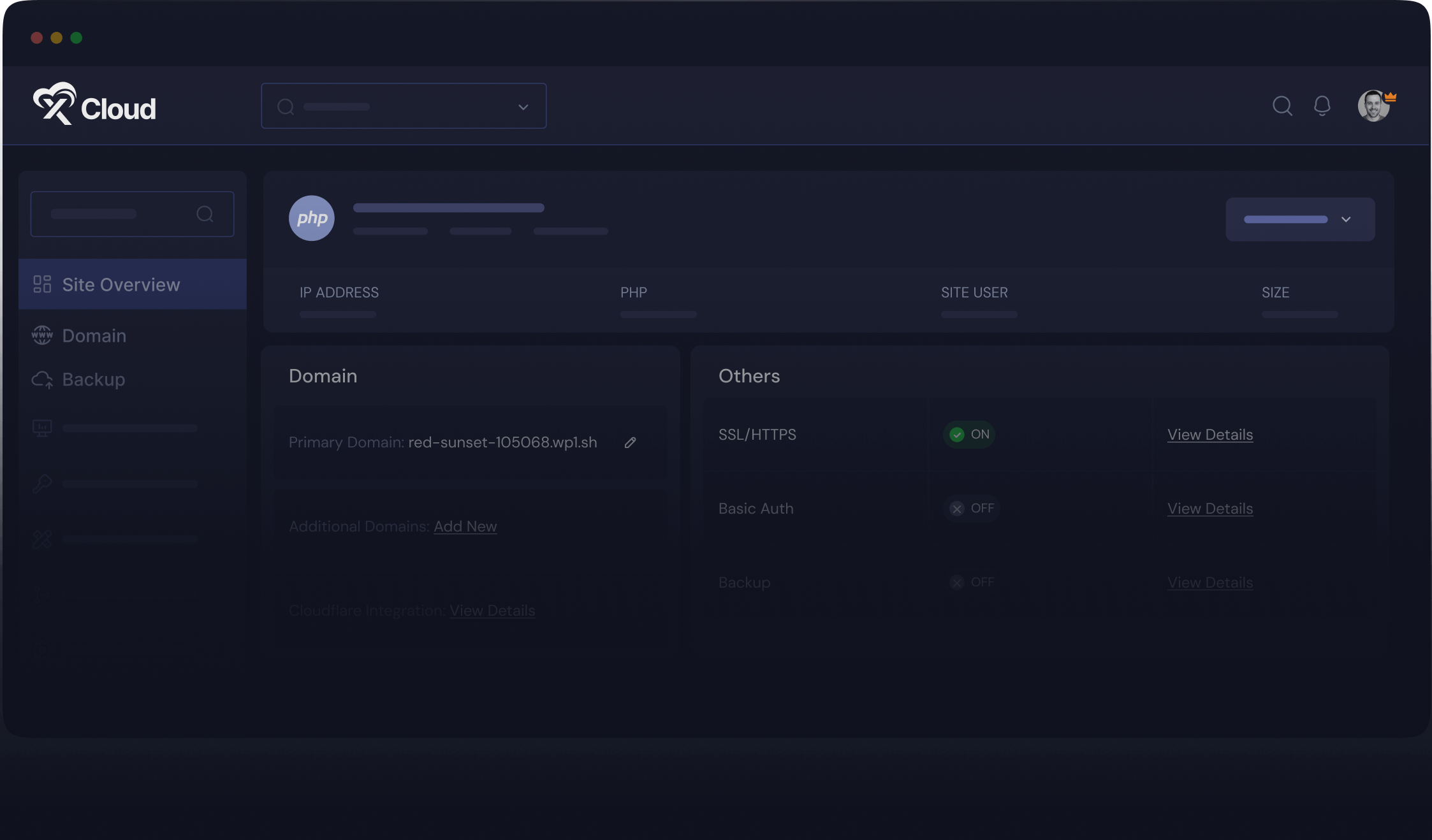 The xCloud dashboard for a PHP site, showing its domain, SSL status and PHP version