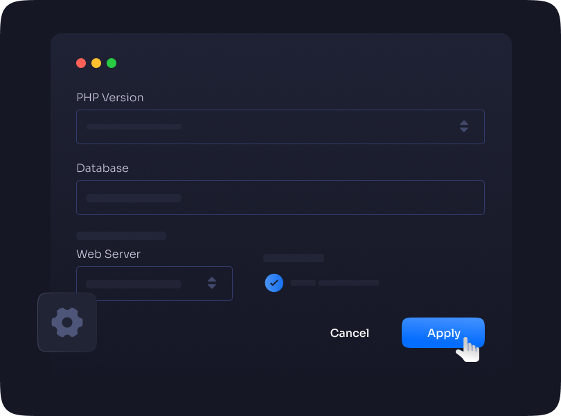 A settings form with version, database and web server fields