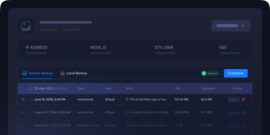 Local and remote backups with a restore action