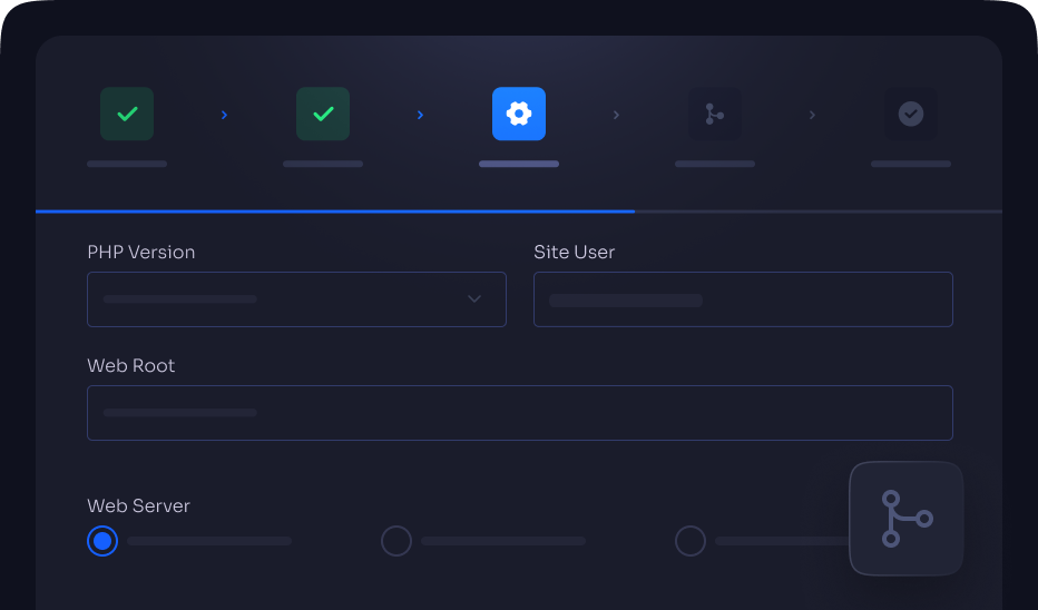 Site settings with PHP version, web root and a Git connection