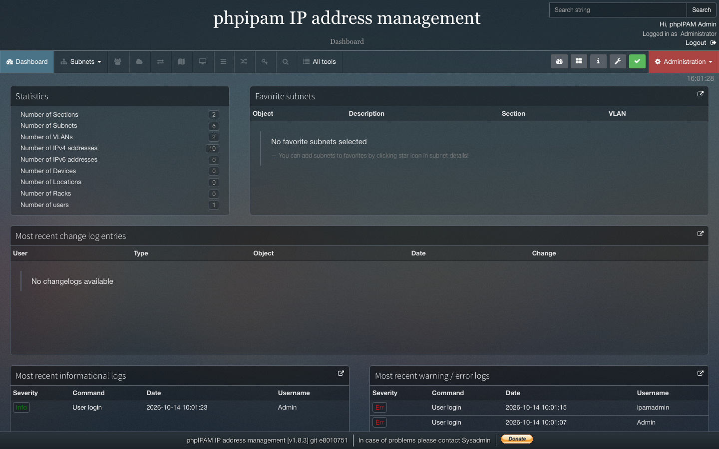 phpIPAM after signing in as Admin on an xCloud install