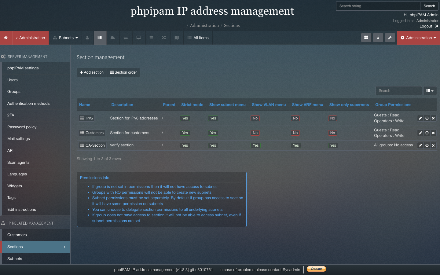 A phpIPAM section for grouping subnets