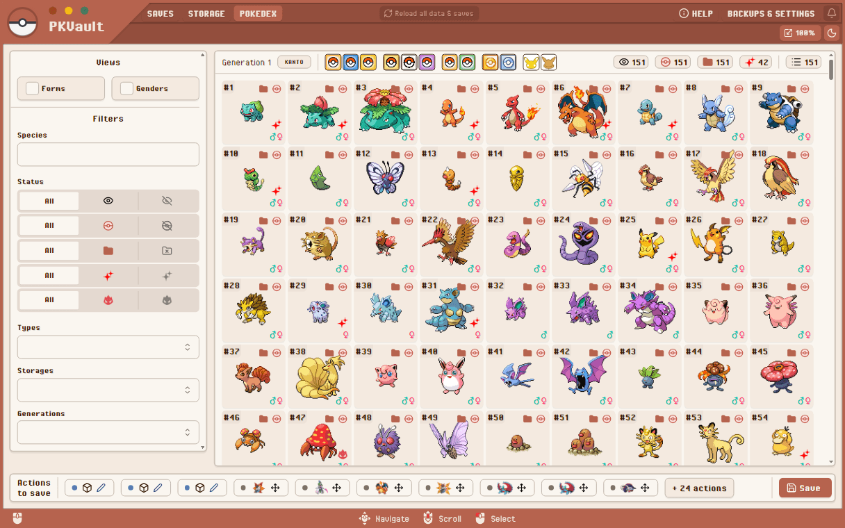 PKVault Pokédex built from the listed saves