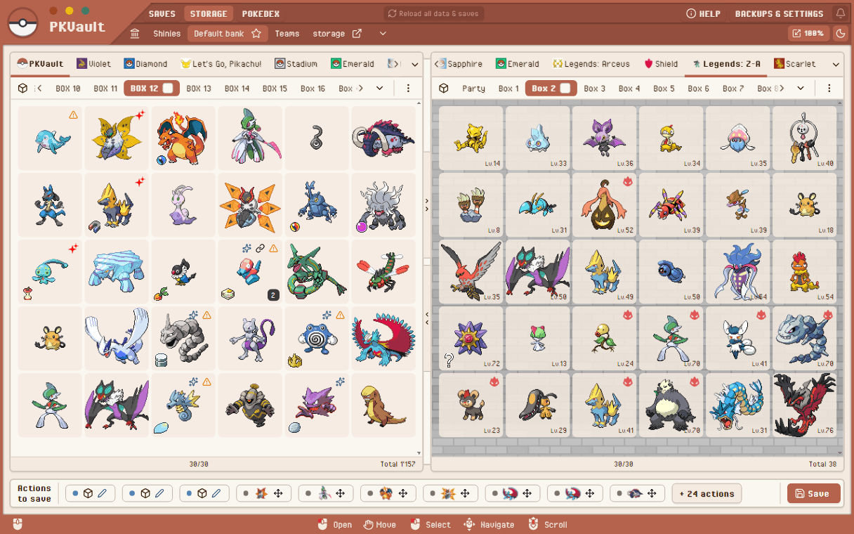 PKVault storage with banks and boxes of Pokémon