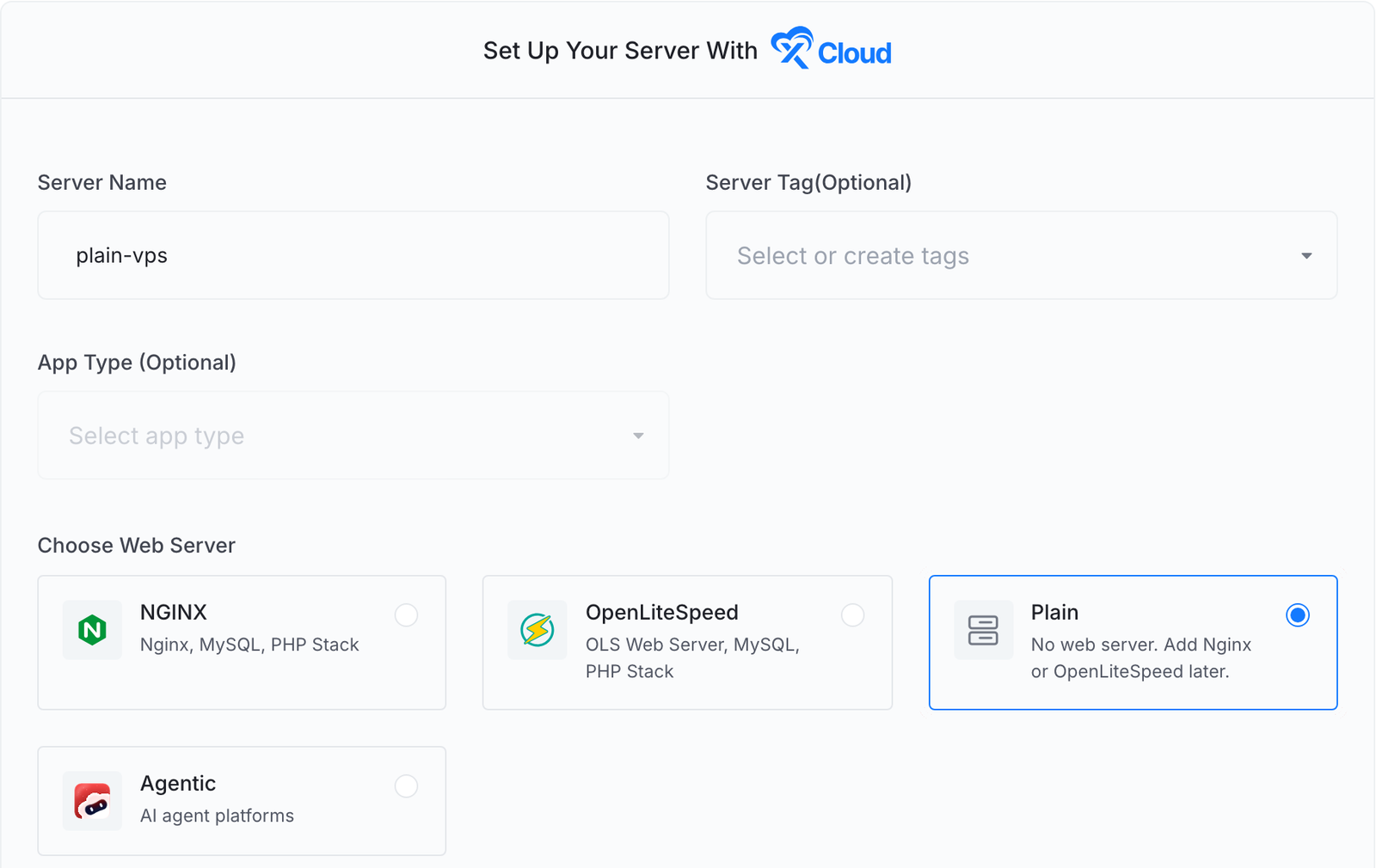 The xCloud server setup form with Plain selected under Choose Web Server, next to NGINX, OpenLiteSpeed and Agentic
