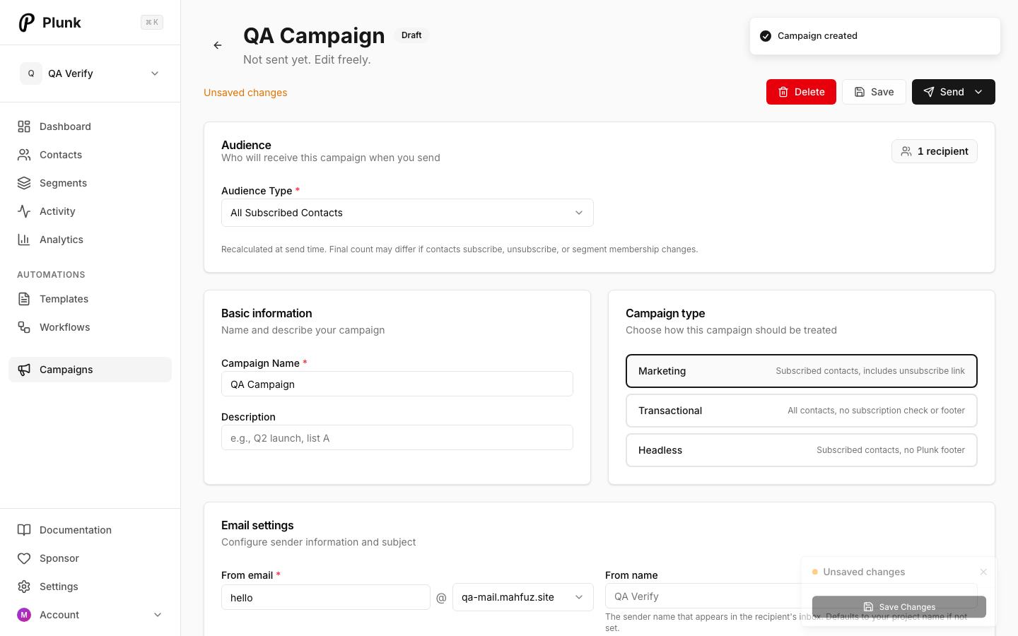 Plunk campaign in the dashboard