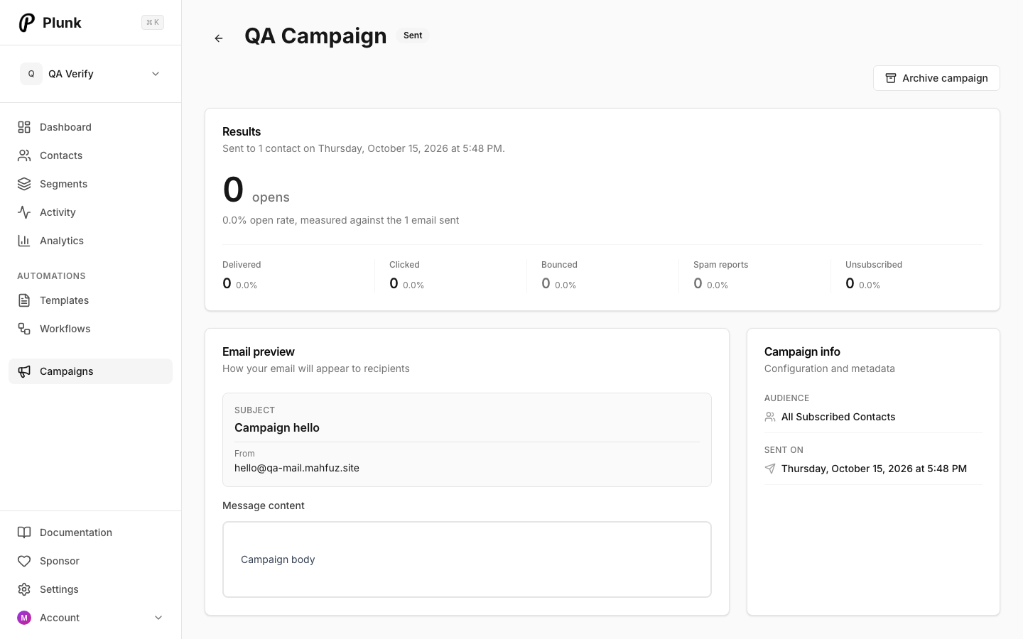 Plunk campaign after it has been sent