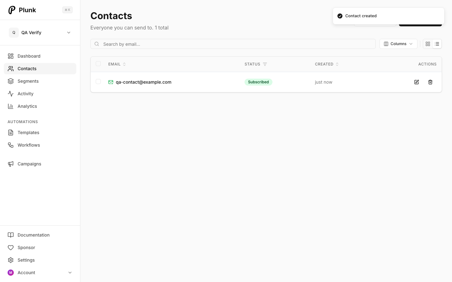 Plunk contact record in the dashboard