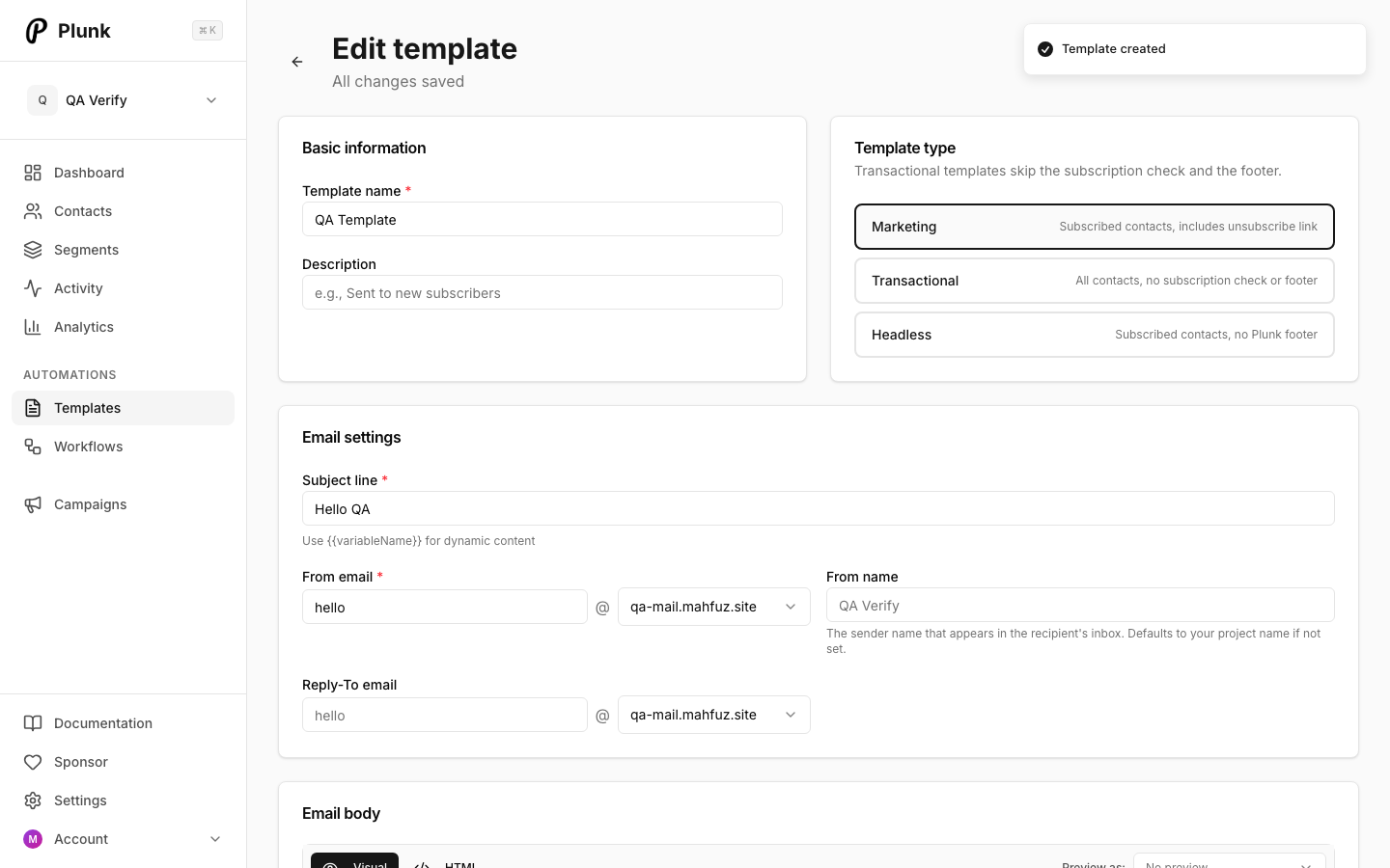 Plunk email template in the dashboard