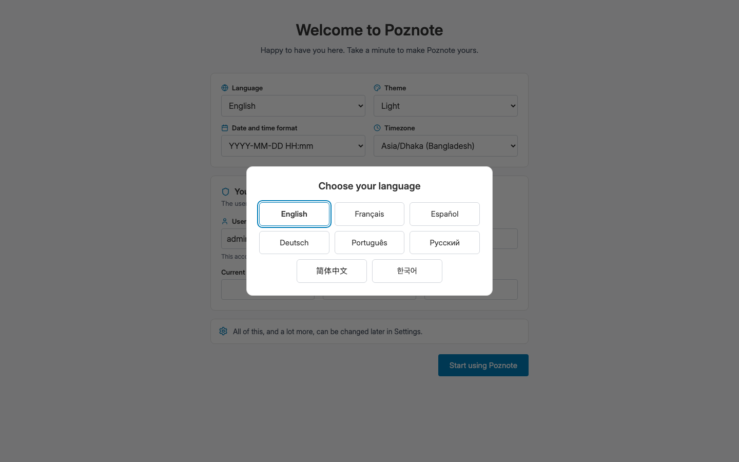 Poznote first-run welcome page with language, theme, date format and timezone settings and a language picker