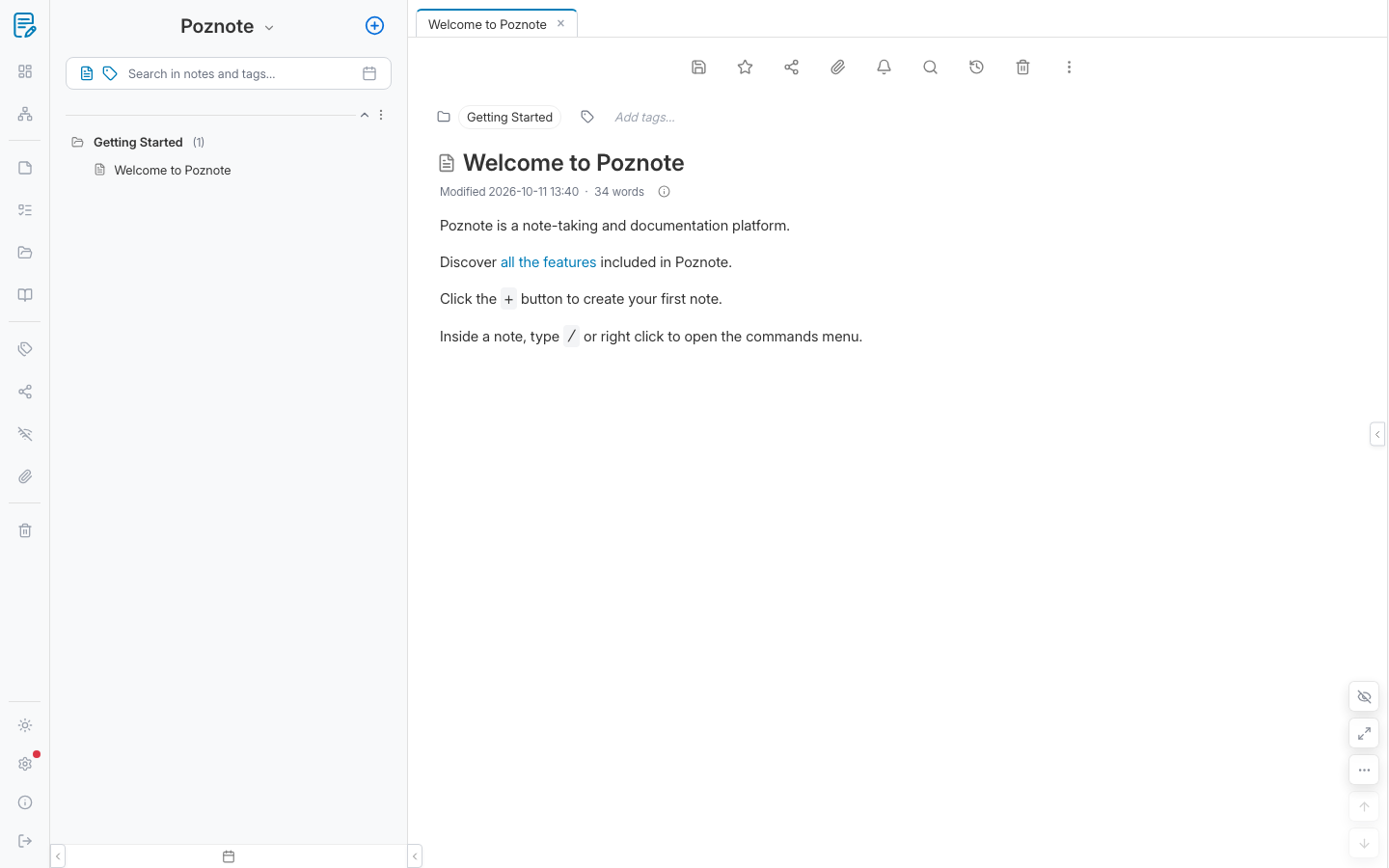 Poznote notes workspace with a folder tree in the sidebar, a search box, a toolbar with share, attach and reminder icons, and the Welcome to Poznote note open