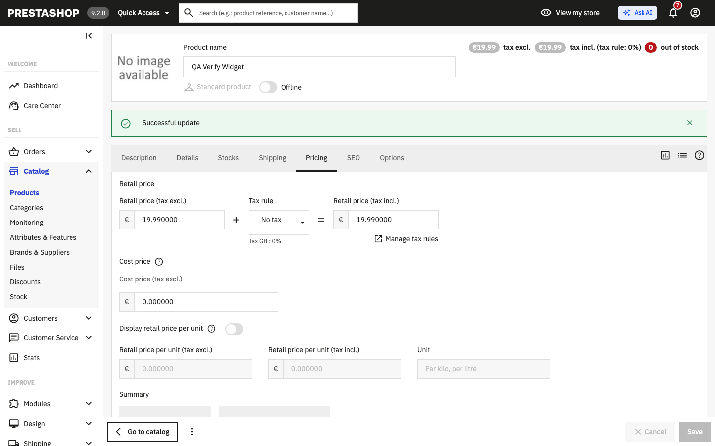 A product saved in the PrestaShop back office