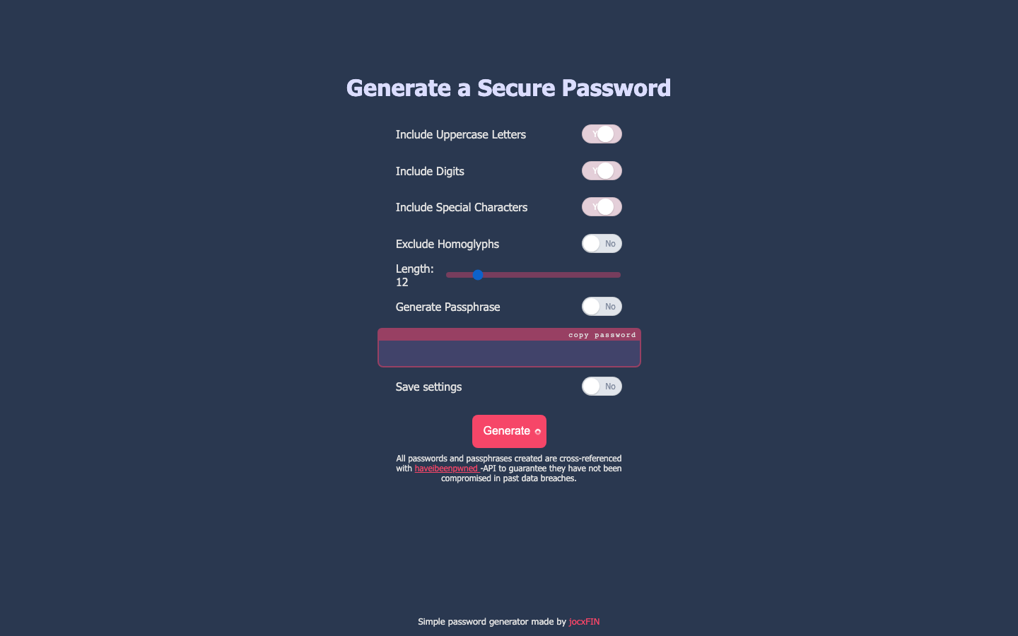 The PWgen home page with a freshly generated password and the generator options