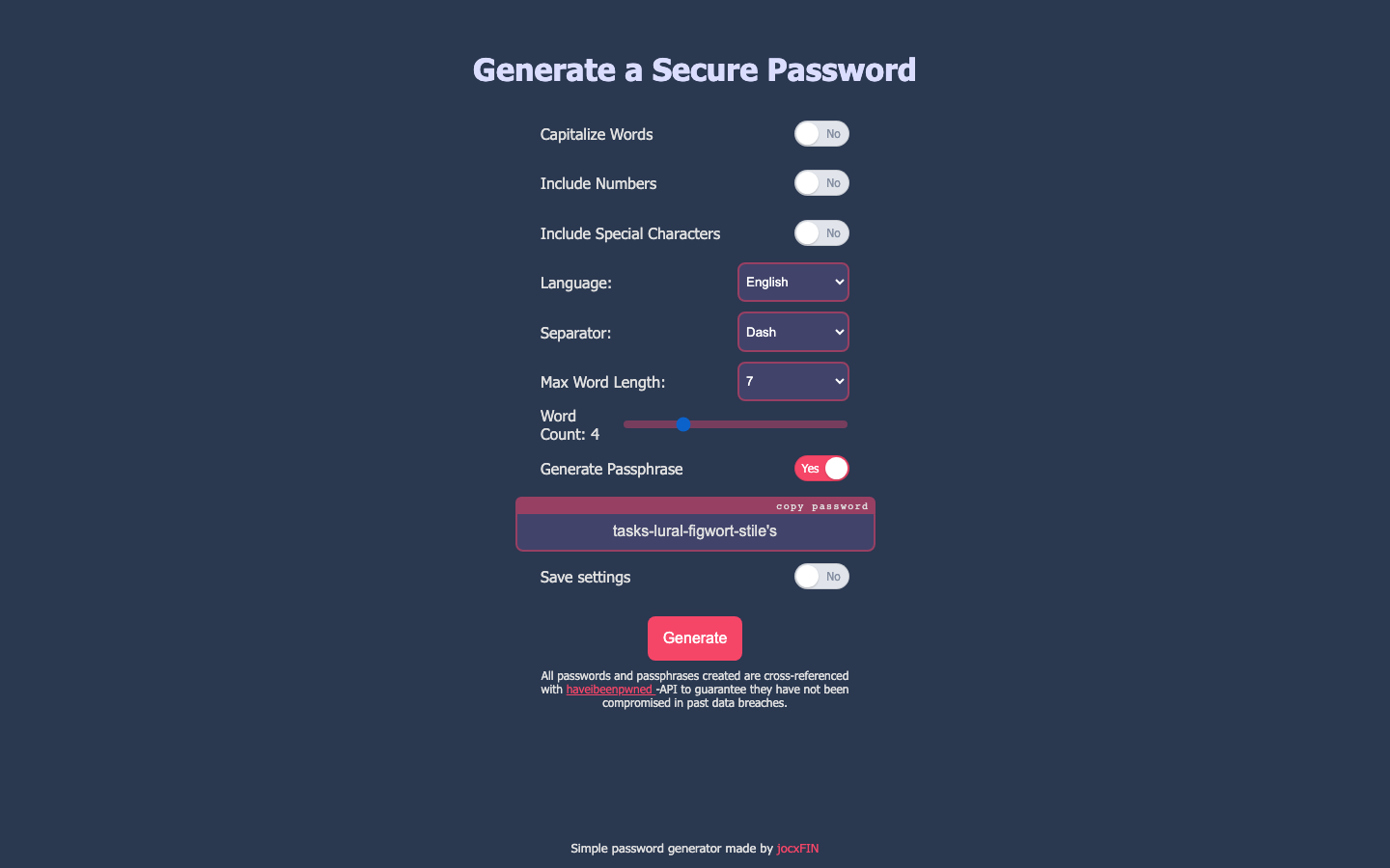 PWgen in passphrase mode showing a multi-word passphrase