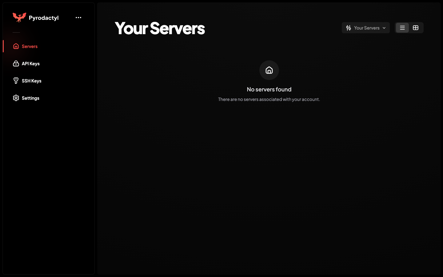 The Pyrodactyl panel's Your Servers page with the Servers, API Keys, SSH Keys and Settings sidebar