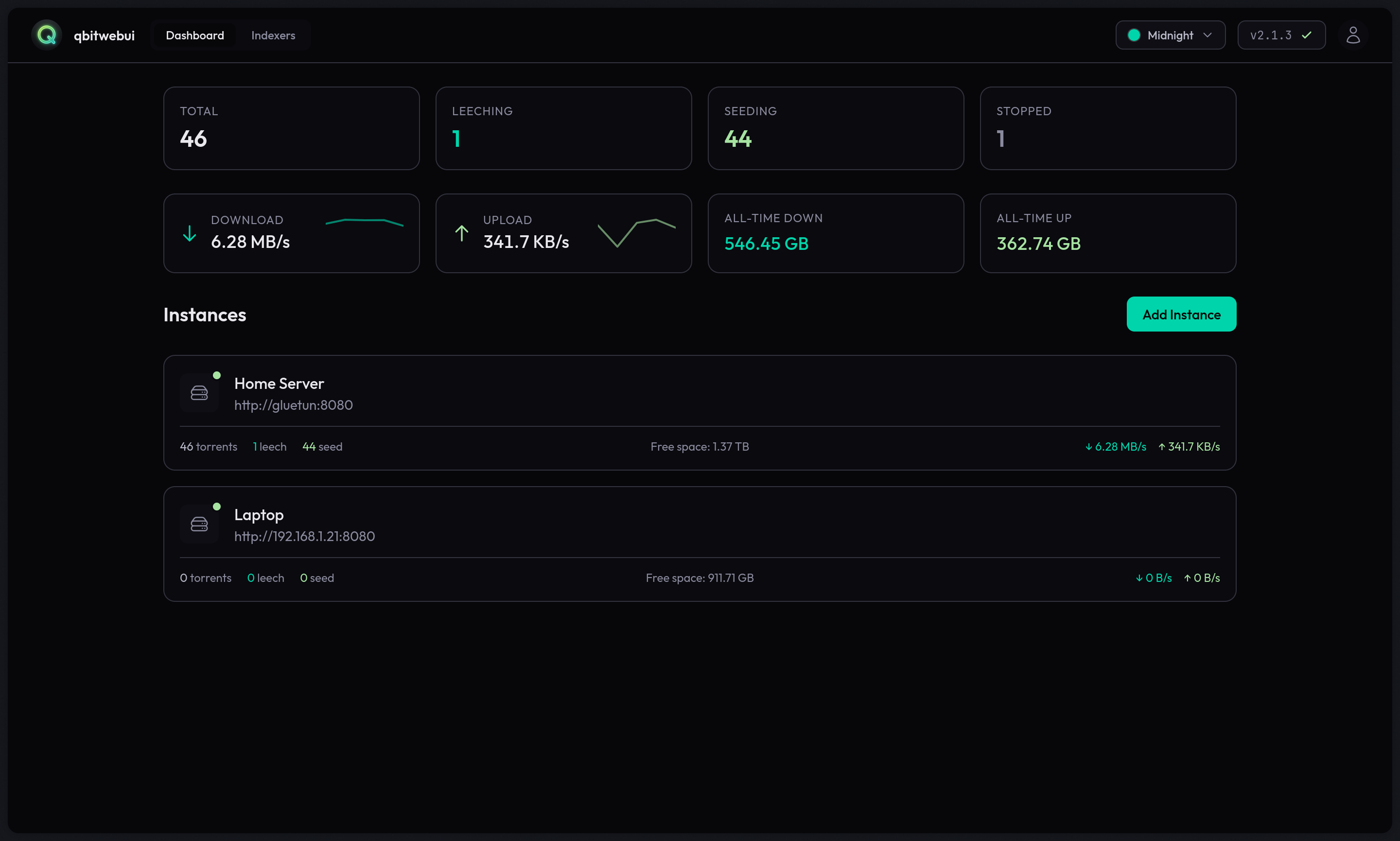 qBittorrent Web UI main torrent view