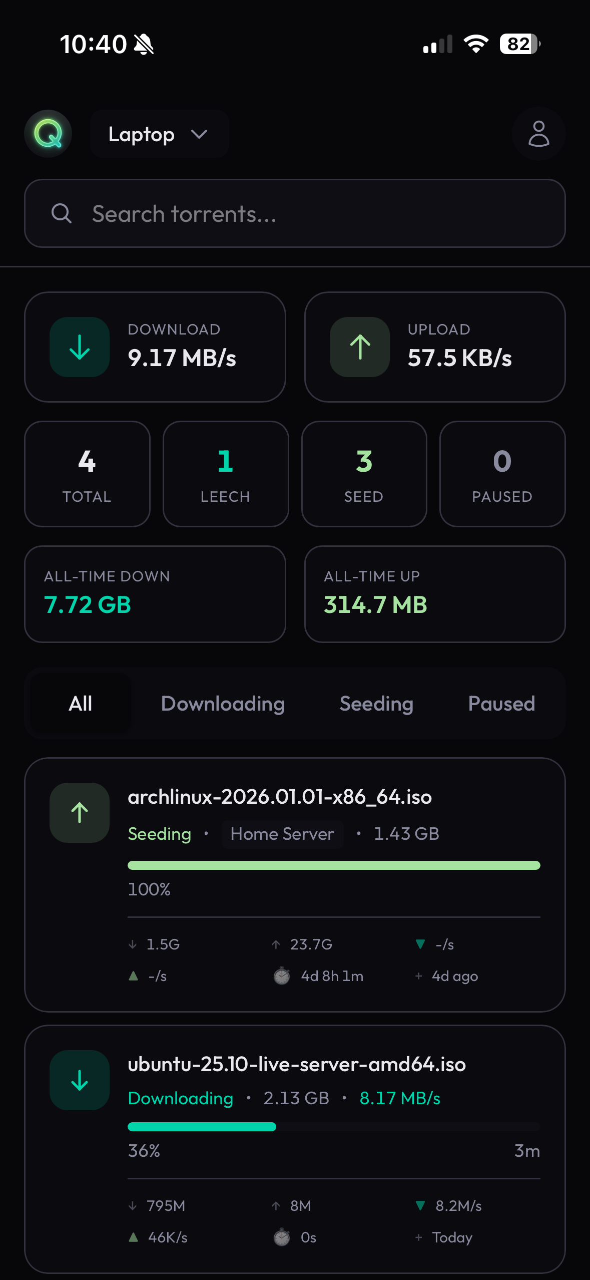 qBittorrent Web UI on a phone