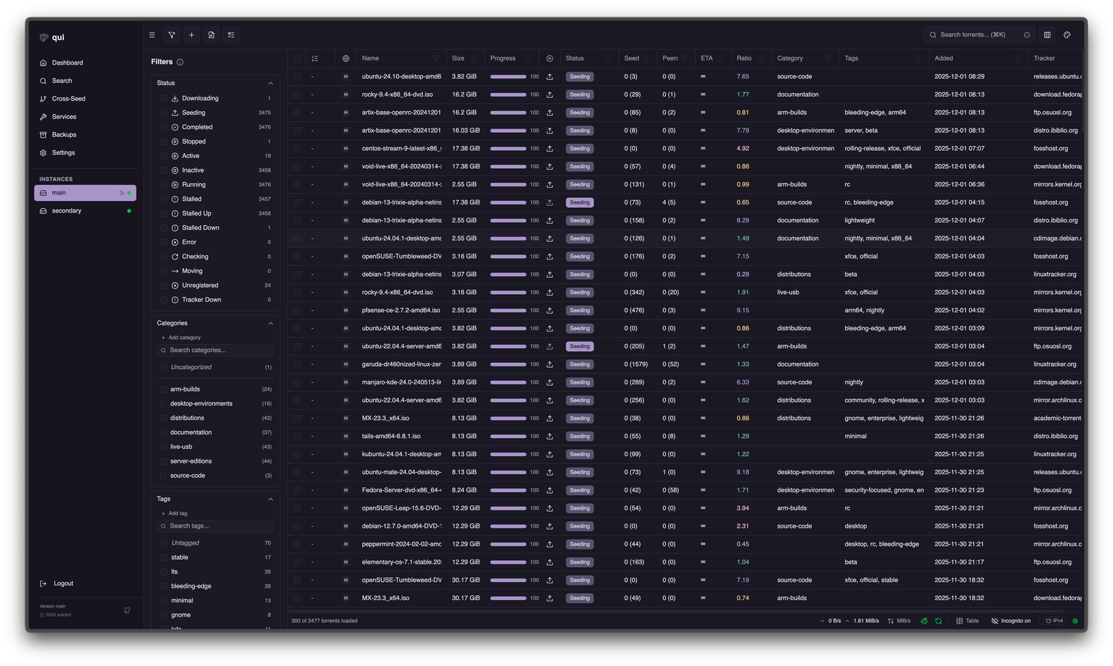 qui web interface showing a table of torrents with status, progress, ratio, category and tag columns, filters on the left and a sidebar with Dashboard, Search, Cross-Seed, Services and Backups