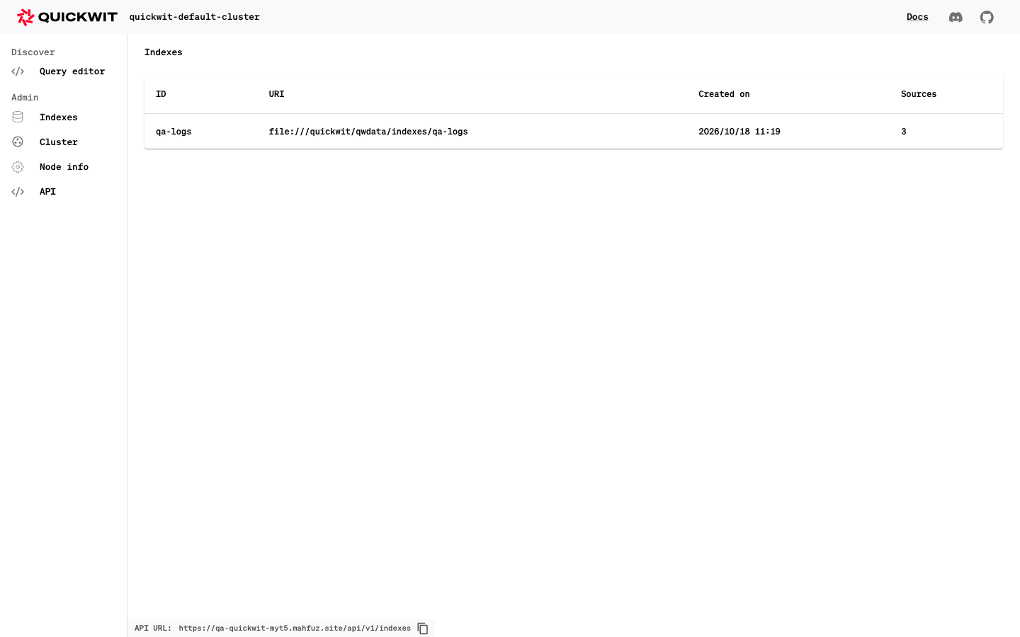 Quickwit's web UI listing an index after an xCloud restart, showing the index is still present