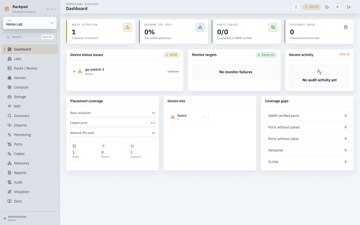 Rackpad dashboard after sign-in
