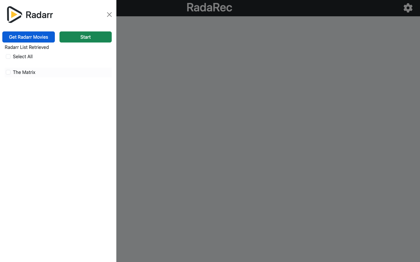 RadaRec listing the movies loaded from a Radarr library