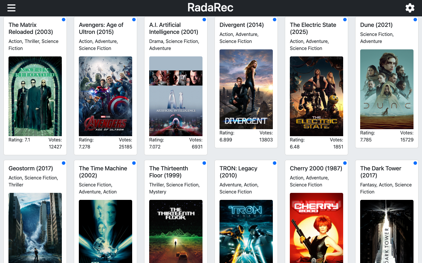RadaRec showing recommended movies with rating, votes and genres