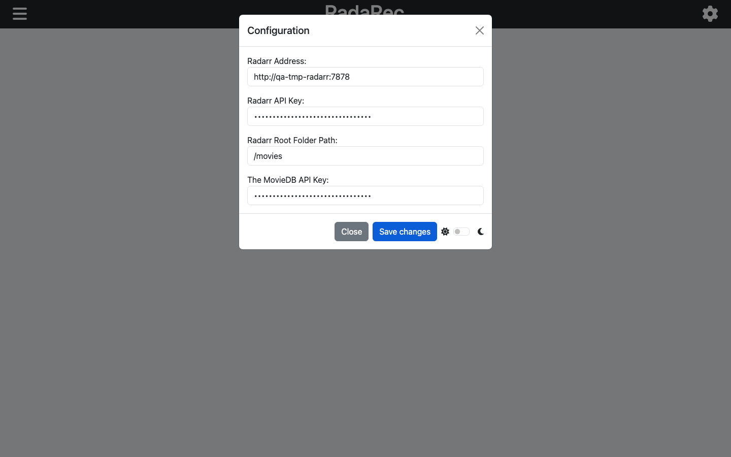 RadaRec Settings panel with the Radarr address, root folder and TMDB key saved