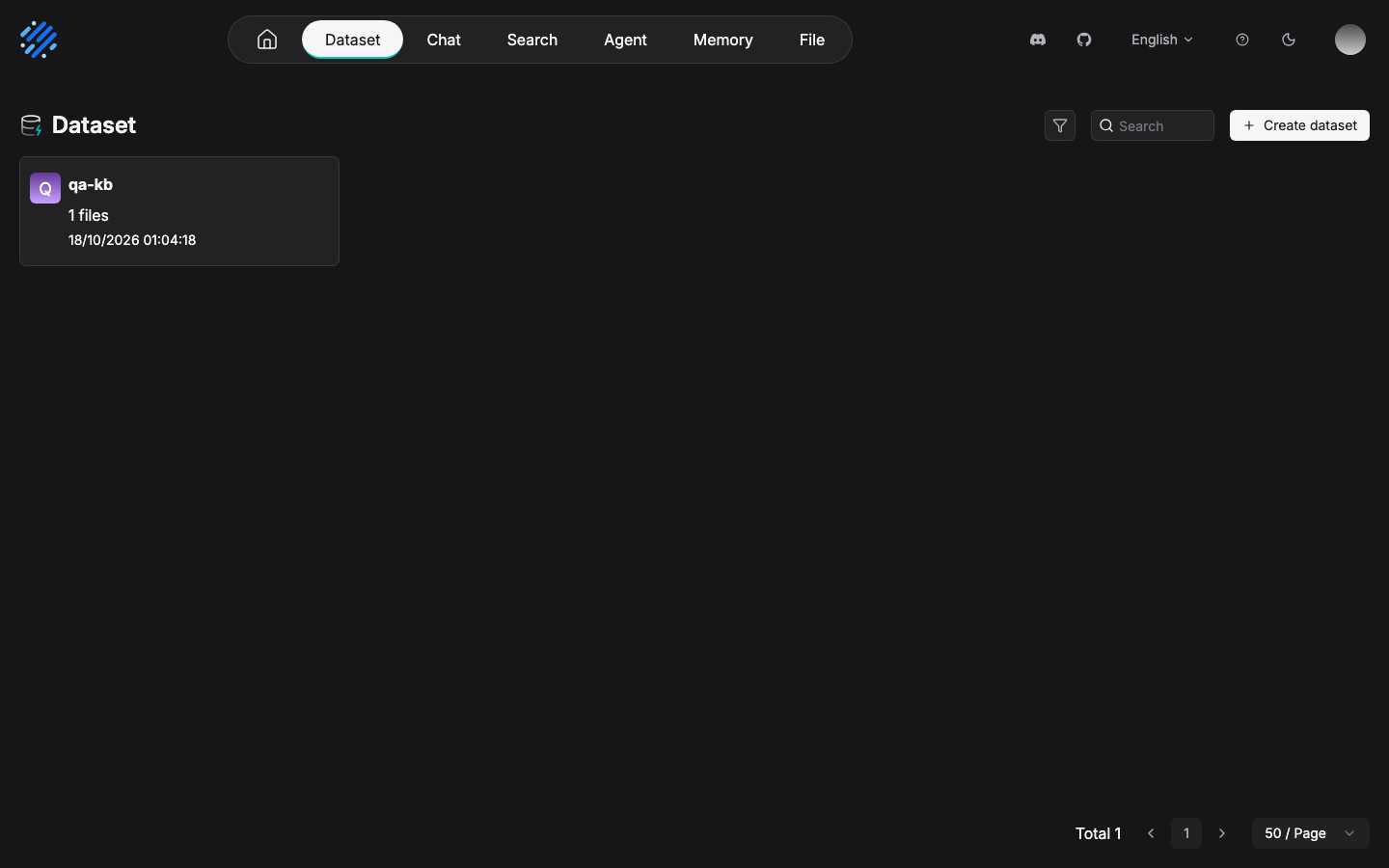 The RAGFlow datasets page