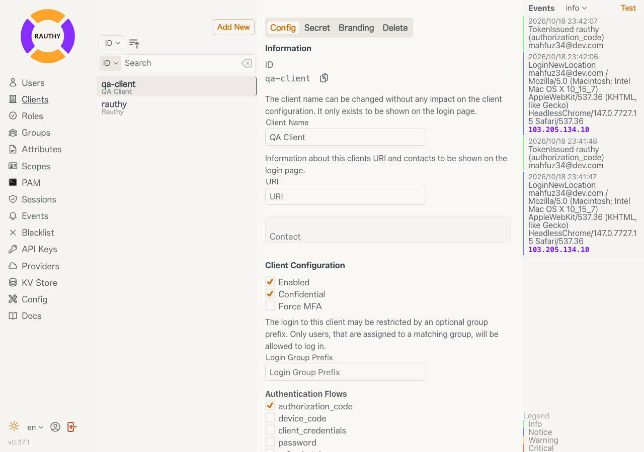 The Rauthy admin UI with an OIDC client open under Clients, showing its configuration and the live events panel