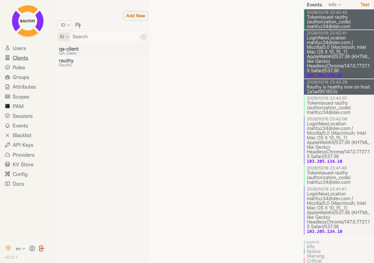 The Rauthy admin UI Clients list still showing the created client after an xCloud restart
